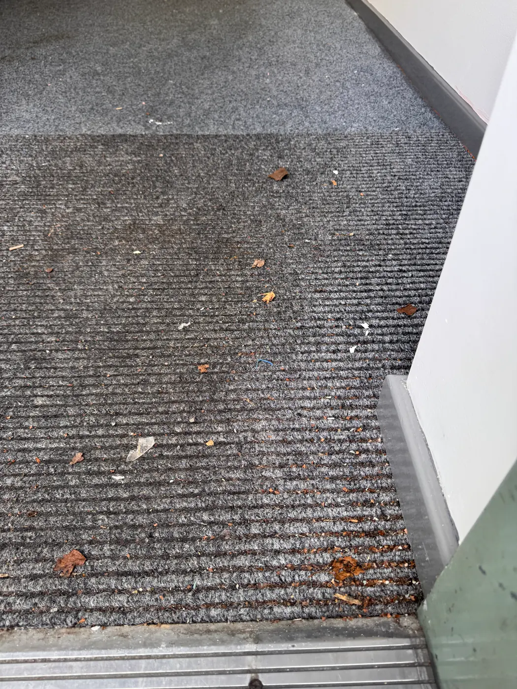 Grey ribbed entrance carpet with leaves and tracked-in debris before cleaning