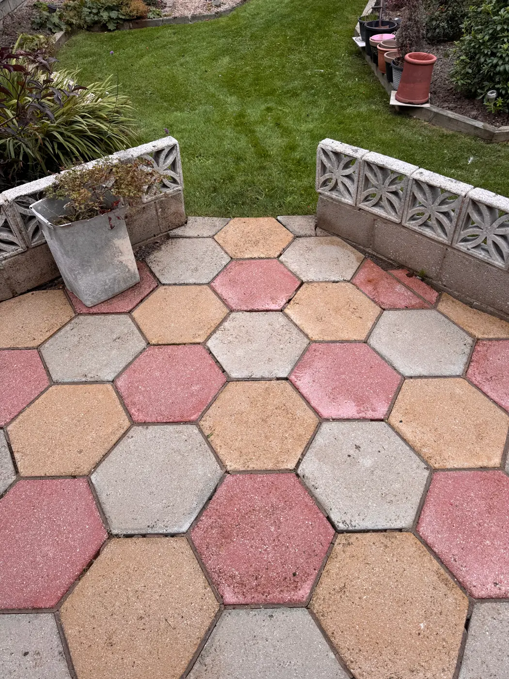 Hexagonal patio paving facing the garden after cleaning