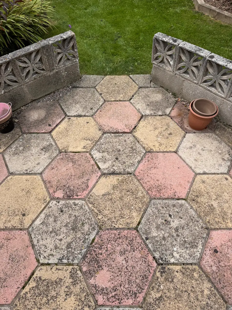 Hexagonal patio paving facing the garden before cleaning