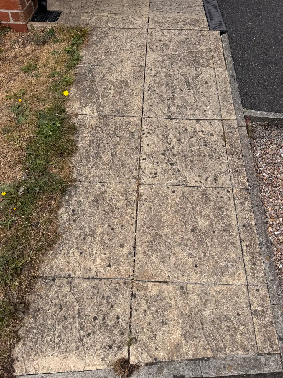 Paving slabs beside a brick house before cleaning